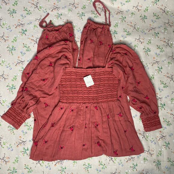 Free People Dahlia Jumpsuit Floral Wide Leg Smocked Pink Red XS Embroidery Boho - Picture 2 of 9